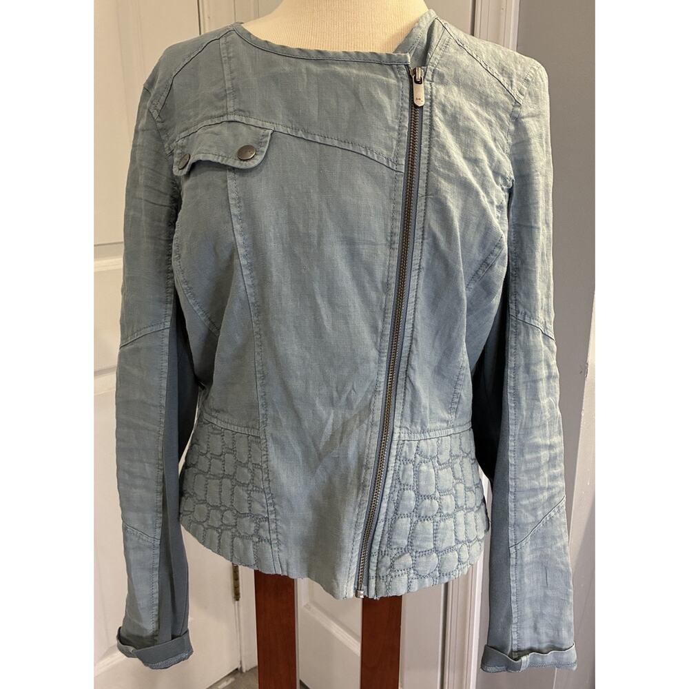 Sandwich Women’s Blue 100% Linen Moto Jacket - Size 40 (US 8/M) Quilted Detail